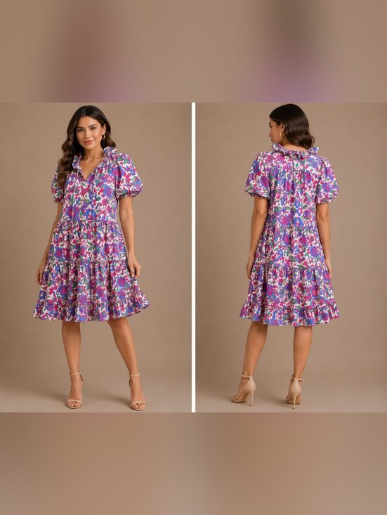 Hyacinth House Dresses & Skirts - Floral Puff-Sleeve Tiered Dress in Purple & Pink #B32